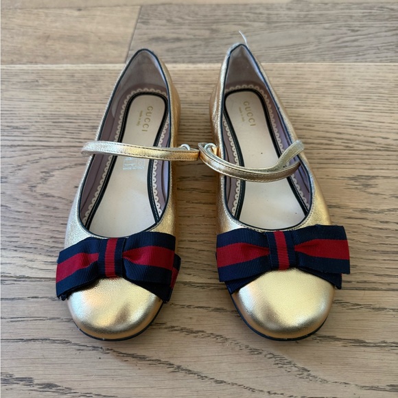 Gucci Other - Gucci Gold Leather Mary Jane Flats with Navy & Red Grosgrain Bow